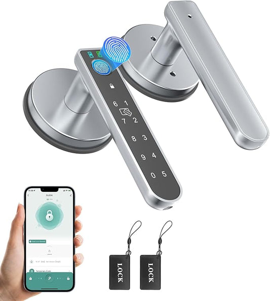 Fingerprint Door Lock, Finger Print Door Knobs Thumbprint Door Knob with App Control/Fingerprints/IC Cards/Codes/Keys, Smart Lock for Bedroom Home Apartment Grey