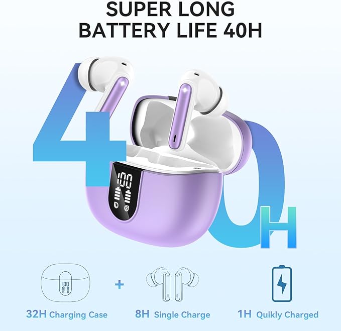 Wireless Earbuds, Bluetooth 5.3 Headphones 40Hrs Playtime Deep Bass Stereo, LED Power Display, Call Noise Canceling Headphones with Mic, IP7 Waterproof Earphones for iOS Android Purple