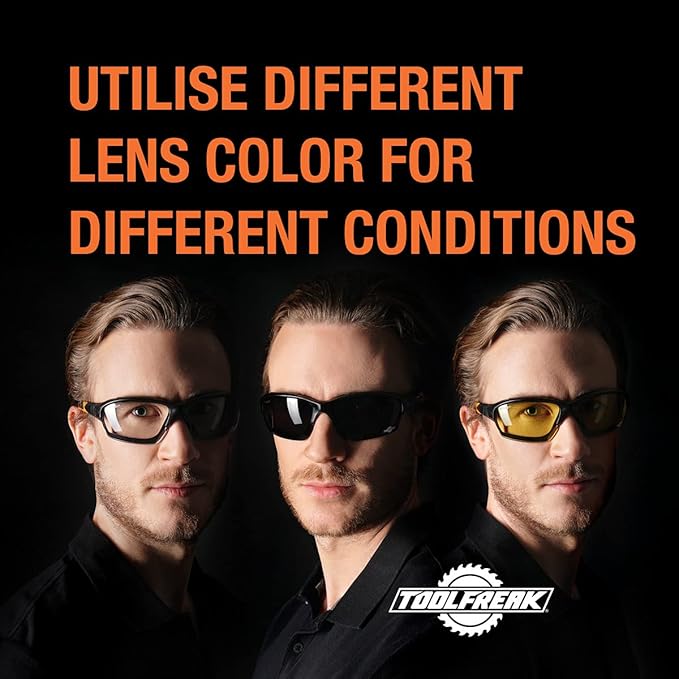 ToolFreak Spoggles Safety Glasses, Clear, Smoke and Yellow Tinted Polycarbonate Lens Mega Bundle Offer, Foam Padded, ANSI z87 Rated with Impact and UV Rating