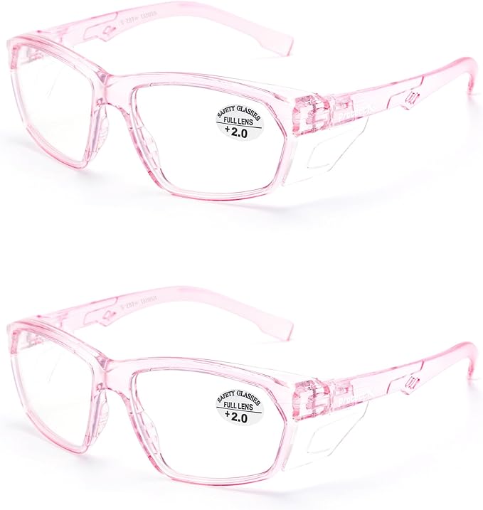 ProtectX Stylish Anti-Fog & Scratch-Resistant Safety Glasses With Readers, UV Protection Goggles, Anti-Impact Lightweight Glasses for Men＆Women Pink Reading 2.0-2 Pack