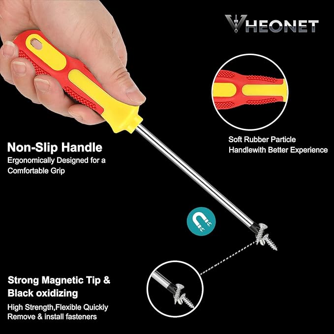 Magnetic Screwdriver Sets 6 PCS,Screwdriver Set with Bag,Flat Head Phillips Screwdriver, Non-Slip Cushion Grip for Repair Home Improvement,Red & Yellow