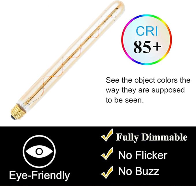 T300/T10 Long Tubular Light Bulb,40 Watt Equivalent E26 Base Amber Vintage Edison Bulb 4W Dimmable Tubular Antique Style Decorative LED Filament Light Bulb, 2700K Warm White,11.8 Inch, 2 Pack