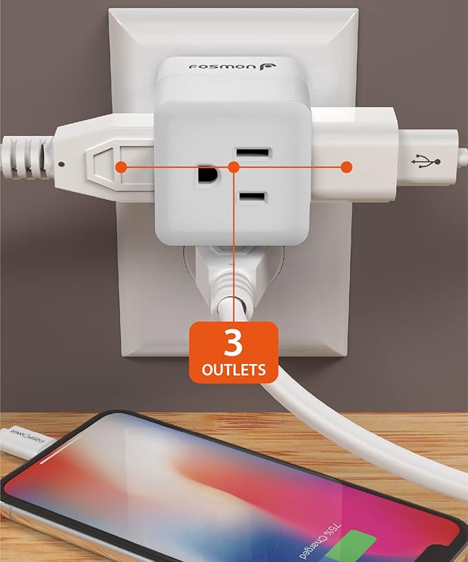 Fosmon 3 Outlet Wall Adapter Cube Tap, 90 Degree Wall Tap Triple Power Adapter, Outlet Splitter 3 Prong, Multi Plug Outlet, 3 Way Plug Adapter, Outlet Extender for Home or Travel, ETL Listed