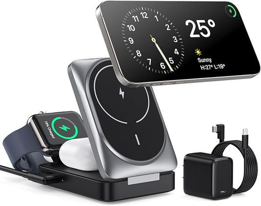 3-in-1 Wireless Charger Charging Station for iPhone, Qi2 Certified 15W Fast Charging Foldable Magnetic Charger Stand with 30W USB C Adapter for MagSafe iPhone 16/15/14/13/12, Apple Watch, AirPods