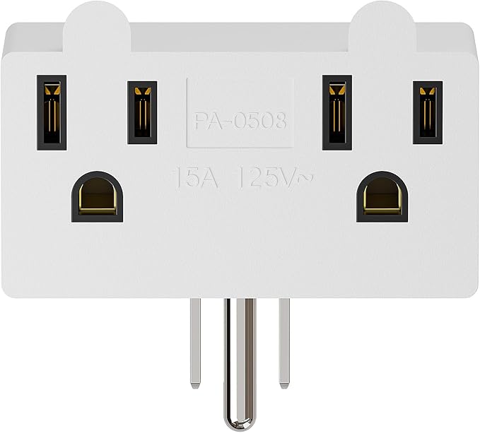 PA-0508W 90 Degree Right Angled USA Male-Female Power Adapter, 5-15P to 2 * 5-15R Direction Changer Space Save Adapter White