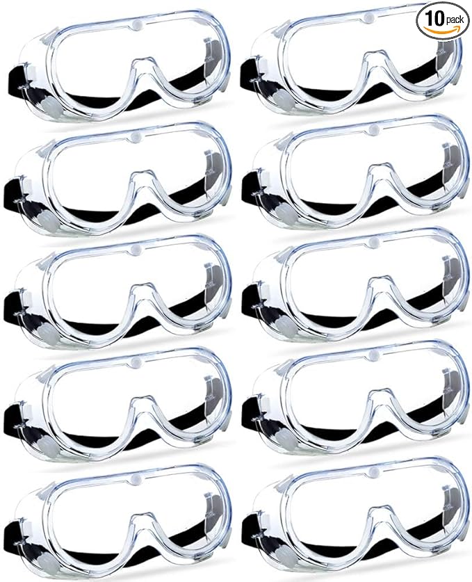 Super More 10PCS Anti-Fog Protective Safety Goggles Clear Lens Wide-Vision Adjustable Chemical Splash Eye Protection Soft Lightweight Eyewear