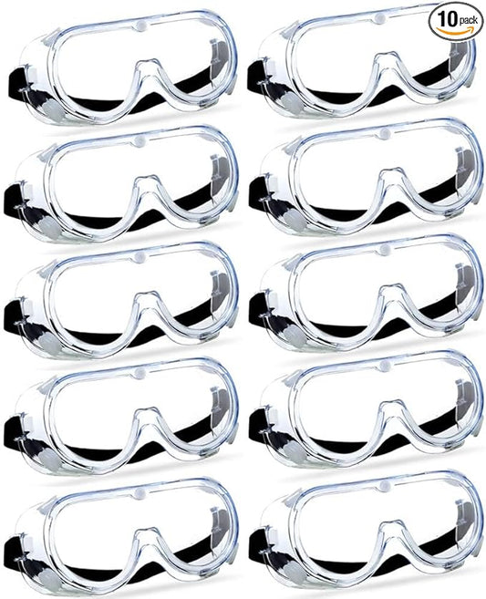 Super More 10PCS Anti-Fog Protective Safety Goggles Clear Lens Wide-Vision Adjustable Chemical Splash Eye Protection Soft Lightweight Eyewear