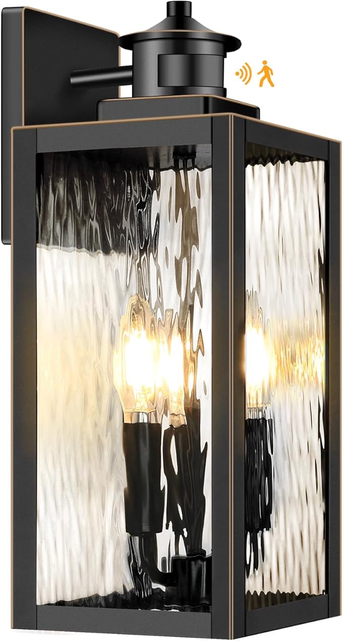 Large Motion Sensor Outdoor Wall Light, Waterproof Exterior Wall Sconce Light Fixture with Water-Rippled Glass, Bronze Modern Outside Wall Lantern for House, Porch, Patio, Garage, Bulbs Not Included