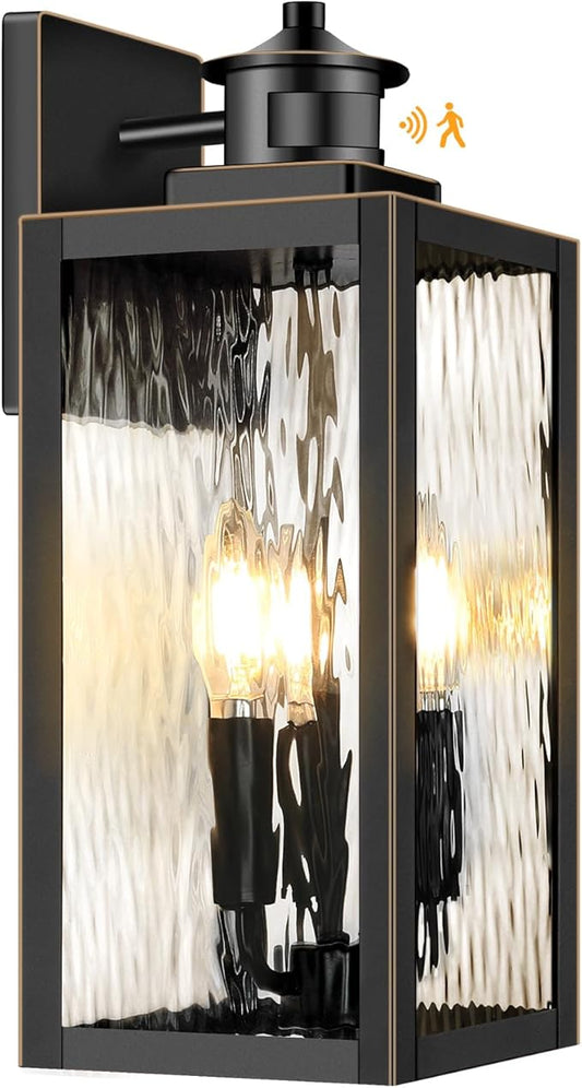 Large Motion Sensor Outdoor Wall Light, Waterproof Exterior Wall Sconce Light Fixture with Water-Rippled Glass, Bronze Modern Outside Wall Lantern for House, Porch, Patio, Garage, Bulbs Not Included