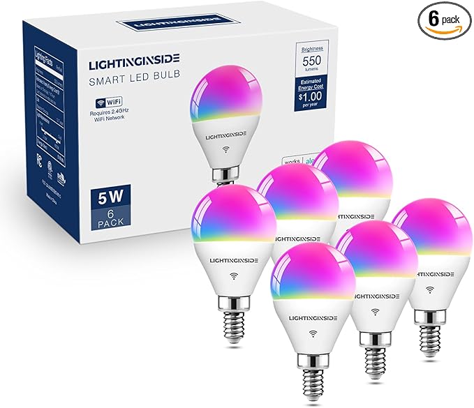 Smart Light Bulbs 50 Watt Equivalent, WiFi G16 1/2 Candelabra E12 Smart Bulbs Compatible with Alexa/Google Assistant, 5W 550LM, Ceiling Fan Light Bulbs, 2.4G WiFi Only, ETL Listed, 6PCS