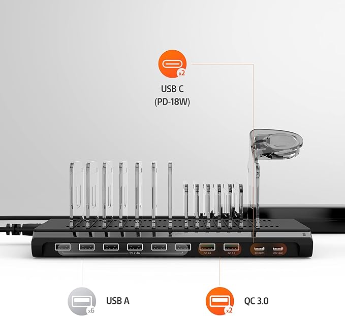 Alxum 96W 10 Port USB Charging Station for Multiple Devices, Multi Charge Station with QC 3.0 Fast Charge and 2 * 18W PD Charging Port for Laptops, Phones, Tablets, and More