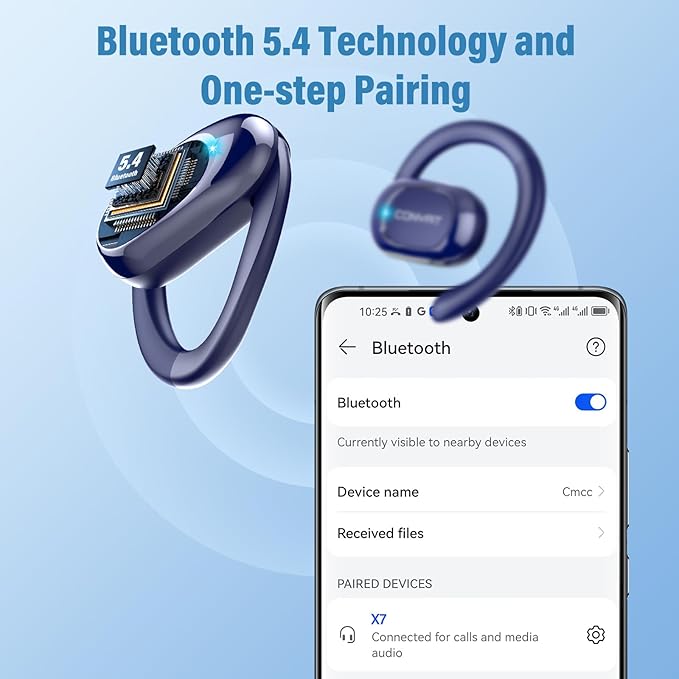 Open Ear Headphones, Wireless Bluetooth 5.4 Earbuds with Big Earhooks, Ultra-Comfort Open Ear Earbuds, 58 Hours HD Stereo Sound Over Ear Earphones, IP7 Waterproof Headset for Workouts, Blue