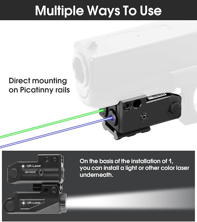 Red Green Purple Blue Laser Light Combo, 800 Lumens Tactical Flashlight Laser Sight, Built-in USB Rechargeable Battery, Adjustable Compact Tactical LED Light Laser Beams for Handguns with a Rail
