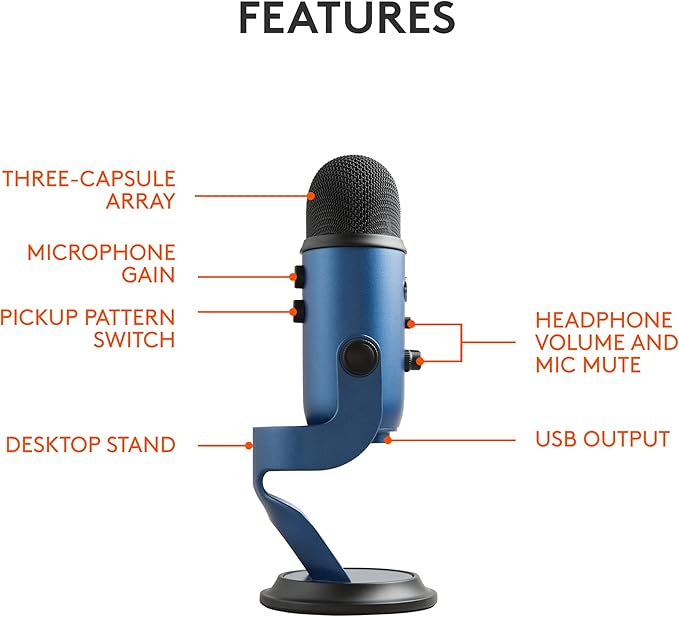 Logitech Creators Blue Yeti USB Microphone for Gaming, Streaming, Podcast, YouTube, Discord, PC, Studio Sound, Plug & Play-Midnight Blue
