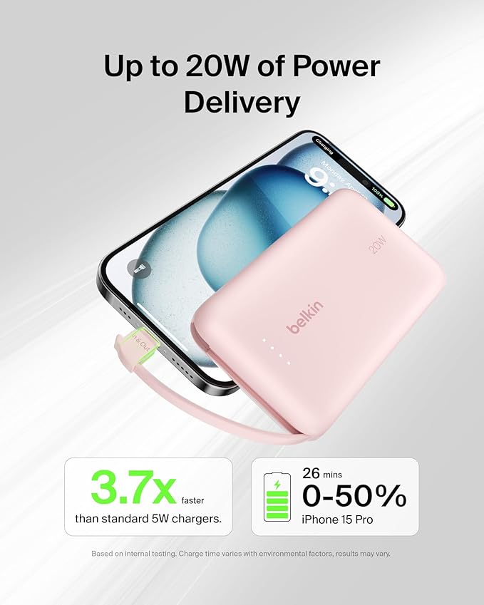 Belkin Portable Charger, Power Bank with Integrated Cable 10000 mAh 20W - Fast Charge USB C Power Delivery, iPhone Charger - iPhone 16 Series, iPad Pro, Galaxy S25, & More - Pink