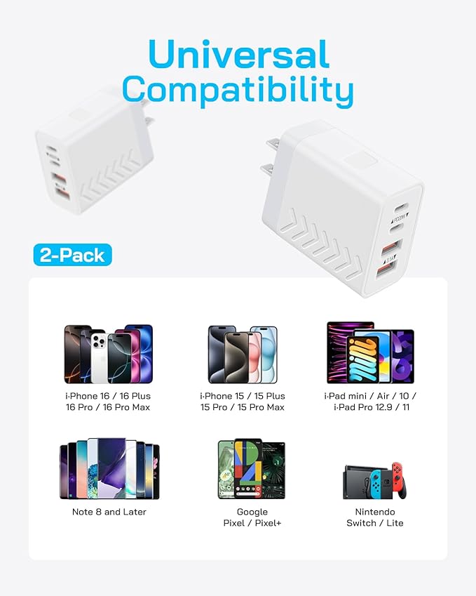 40W USB C Charger Block | 4-Port Fast Charging Blocks (2 USB-C + 2 USB-A) | PD3.0/QC3.0 Compact Wall Charger for i Phone 16/15/14/13/12/11/X/8, Galaxy S25/S24/S23/S22, i Pad, Air Pods & More (2-Pack)