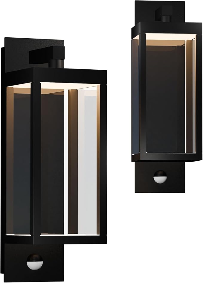 2 Pack Motion Sensor Outdoor Wall Light LED Wall Sconce Black Mount Waterproof Exterior Light Fixture Aluminum Porch Lamps for Patio Entryway Doorway Fence Garage, 750LM 3000K