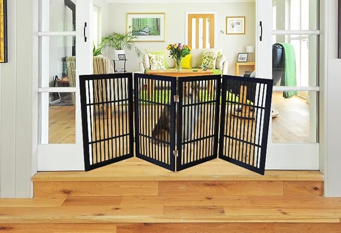 Pet Dog Gate Strong and Durable Freestanding Folding Acacia Hardwood Portable Wooden Fence Indoors or Outdoors by Urnporium (Black Pet Gate, 4 Panel 30" Tall)