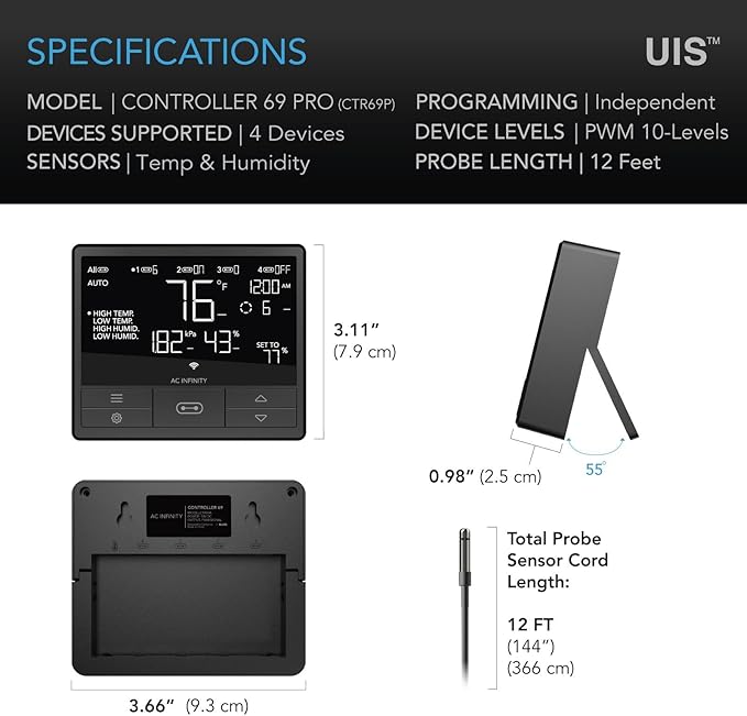 AC Infinity Controller 69 PRO, Smart Environmental Controller with Temperature, Humidity, VPD, Timer, Cycle, Schedule Controls, for Grow Tent Cooling Ventilation Lighting