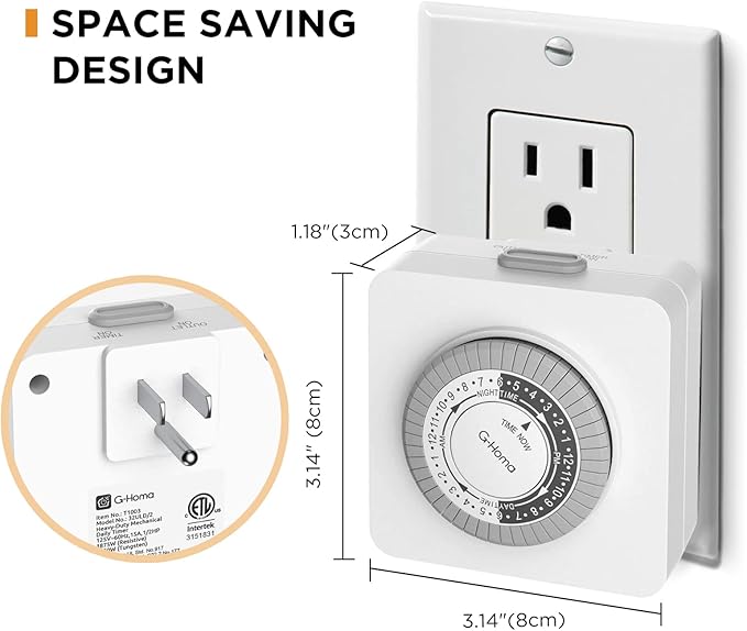 G-Homa 24-Hour Mechanical Timer Outlet with 2 Grounded Outlets - For Lamps, Holiday Lights