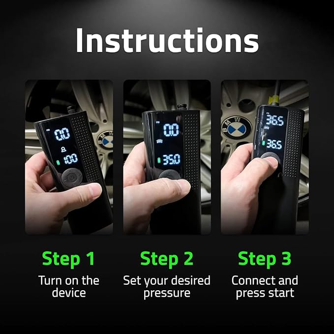 Airmoto Tire Inflator Portable Air Compressor - Air Pump For Car Tires with Digital Pressure Gauge, LED Light and Auto Shut-Off Function - Cordless Pump for Car, Motorcycle, Bicycle, Balls and More