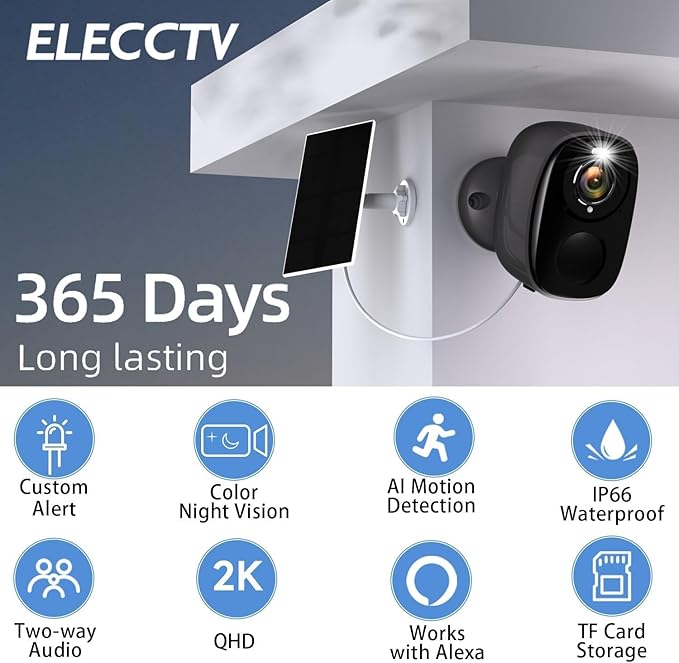 Security Cameras Wireless Outdoor - 2K Solar Security Camera with AI Motion Detection, Color Night Vision,2-Way Audio, Compatible with Alexa Spotlight & Siren, No Monthly Fees