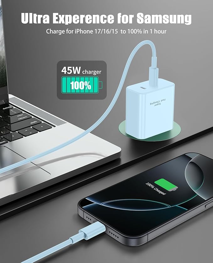 2 Pack 45W Super Fast Charger Type C for Samsung, USB C Android Phone Charger Fast Charging Block with 6FT/10FT Type C Charger Cord for Samsung Galaxy S25/S24/S23/S22+ Ultra/iPhone 17/16/15-Blue