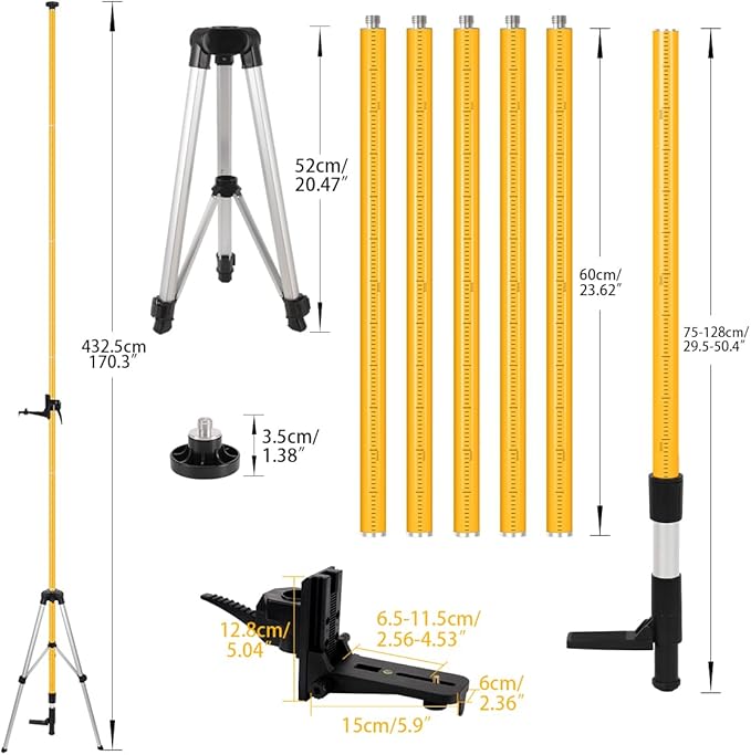 Laser Pole, 13.8 Ft/4.2M Laser Level Pole with Tripod and 1/4"-20 Mount, Adjustable Telescoping Laser Pole with 5/8"-11 Threaded Adapter, Tripod for Laser Level Rotary and Line Lasers