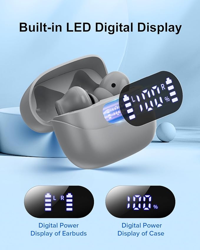 Wireless Earbuds, 42H Playtime Bluetooth 5.3 Headphones, HiFi Stereo Call Noise Cancelling Earbuds, IPX7 Waterproof Stereo in-Ear Earphones with LED Display for iOS Android (Gray)