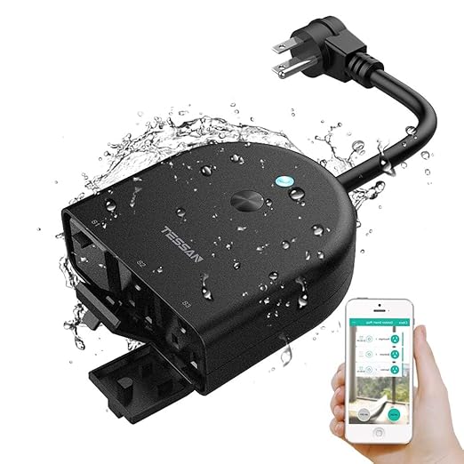 Outdoor Smart Plug Waterproof, TESSAN WiFi Smart Outlet Switch with 3 Individual Sockets Compatible with Alexa Google Home, Remote Control and Timer Function, 2.4GHz Wi-Fi Only