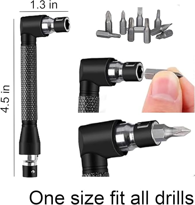 17-Piece Flexible Drill Bit Extension Set with 3 rotatable socket adapters, 2 hex shank 105° right angle drill attachments, 10 short screwdriver bits, and a 90° angled bit with a flexible extension
