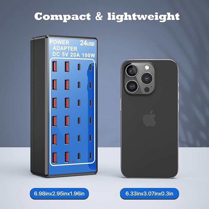 USB C Charger Block, Multi Charging Station, 100W (20A) 24 Port USBC Charging Port for iPhone Samsung Pixel LG Watch,Pad,Speakers,Headphones,PS Compact for Home,Office,Travel