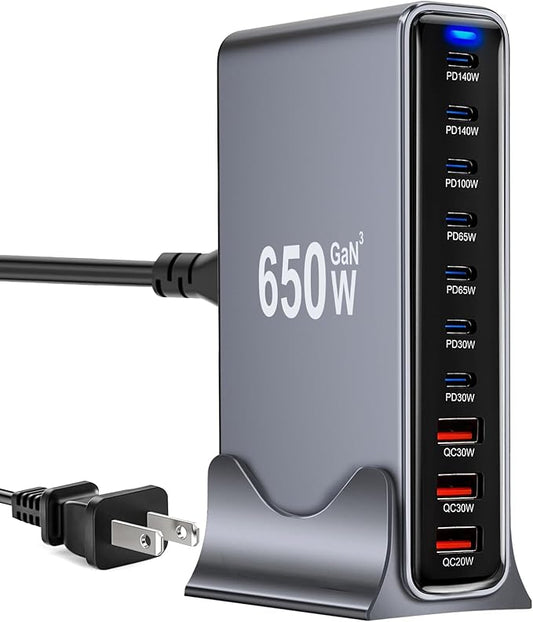650W USB C Fast Charger Block, 10 Port USB Charging Station, GaN Ⅲ Pro Double 140W PD PPS Port Fast Charging Station,Laptop Wall Charger Compatible with DELL, HP, MacBook Pro,iPhone 16,Galaxy S24