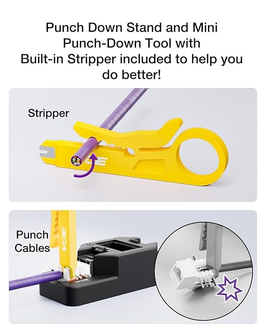 VCE RJ45 Cat6 Keystone Jacks UL Listed 50-Pack, UTP Ethernet Keystone Jacks with Keystone Punch Down Stand Tool and Wire Stripper Cutter, Black