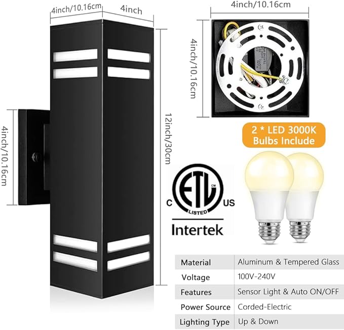 SHIMR Dusk to Dawn Outdoor Light Fixture, Modern Outdoor Wall Lights with LED Bulbs Includes, Aluminum Anti-Rust Sconce Up and Down Outside Lights for House Porch Garage Patio [ETL Listed]