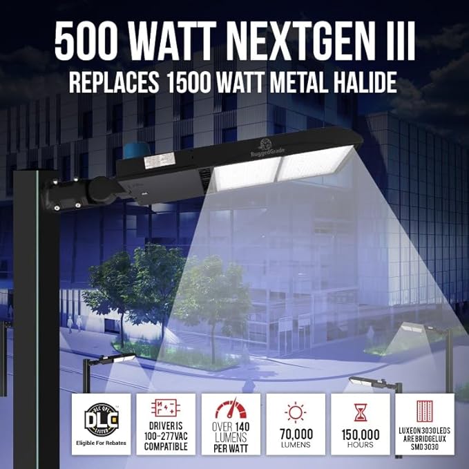 500 Watt - NextGen III Series LED Shoebox Lights - 70,000 Lumen - 5000K - Slip Fit - Black