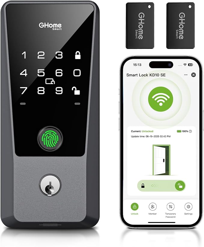 GHome Smart Locks for Front Door with WiFi – 6-in-1 Keyless Entry Smart Fingerprint Lock with Keypad, Auto Lock, App Control, Easy Installation, Smart Deadbolt Lock, Airbnb, Rental, Smart Home