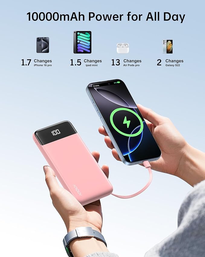Portable Charger with Built-in Cables 10000mAh Power Bank with Cords, Slim Fast Charging Battery Pack, Travel Essential Portable Charger for iPhone 17/16/15/14/13 Series, Samsung Google Pixel iPad