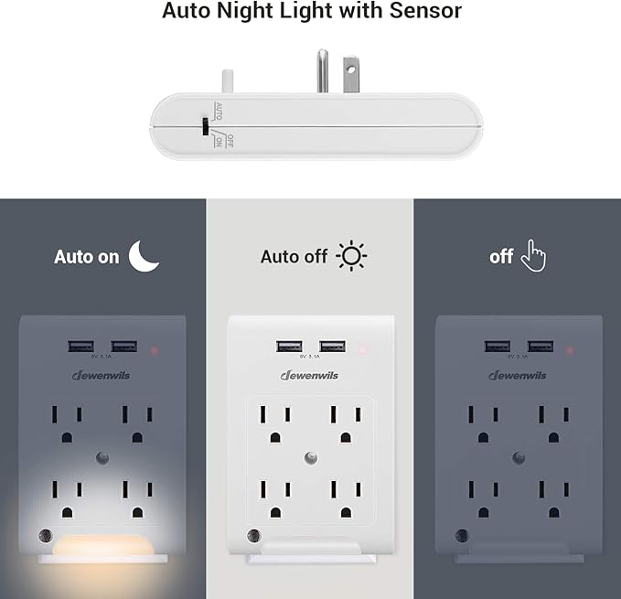 DEWENWILS 4-Outlet Extender, Wall Outlet Adapter with 2 USB Ports(3.1A Total), Light Sensor Night Light, 1080 Joules Surge Protector, ETL Listed, White