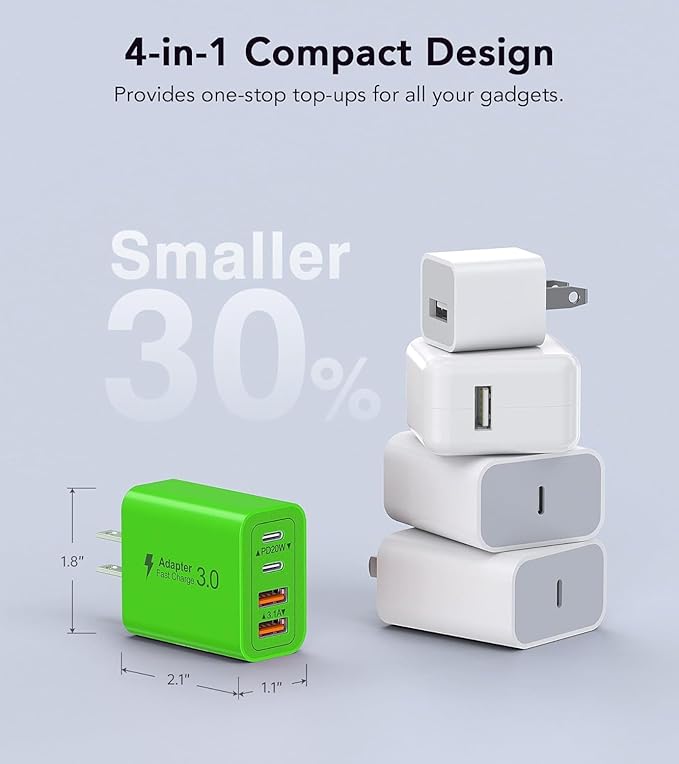 2 Pack USB C Charger, 40W Fast Charge Cube, 4-Port QC+PD Wall Plug,Multi-Port Type C Power Adapter for iPhone 16 15 14 13 12 Pro Max XS XR 8,Galaxy S24,Nexus,HTC,Google Pixel,and More(Green)
