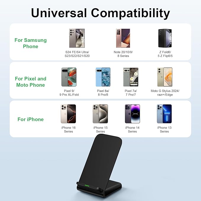 15W Samsung S24 FE Wireless Charger Fast Charging Stand for Galaxy S25 Ultra S24 S23 S22 S21 Z Fold6, for Motorola Wireless Desk Phone Charging Station with QC Adapter for Edge/razr+/Moto G Power 2025