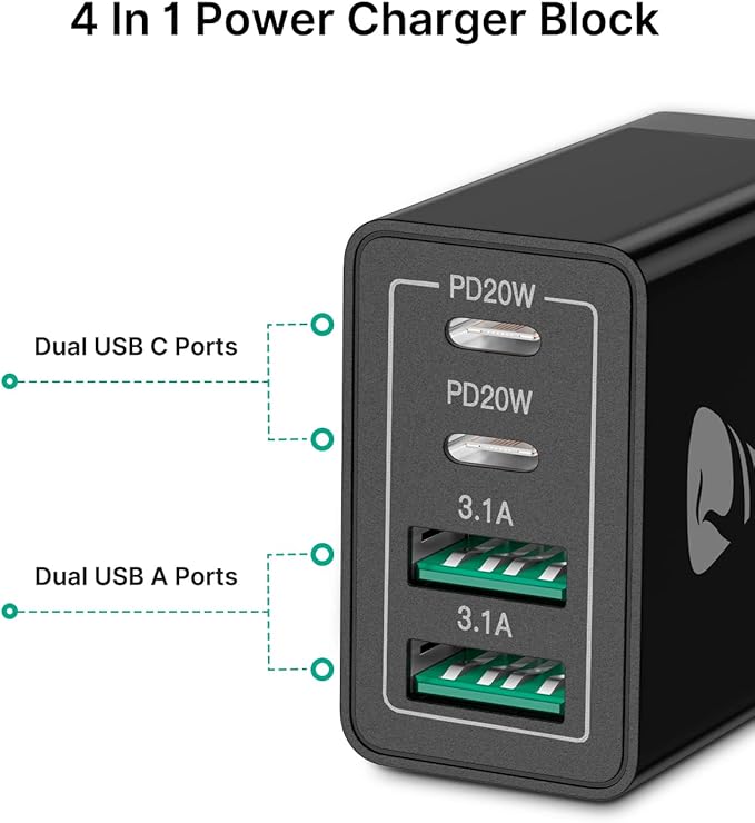 [2-Pack] USB C Wall Charger Block, Aiminu 40W 4-Port Fast Charging Block Dual Port QC+PD Power Brick Multiport Type C Charger Plug Adapter for iPhone 15 14 13 12 11 Pro Max XS XR SE 8 Plus, Samsung
