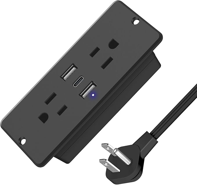 HHSOET 5 in 1 Recessed Power Strip Flat Plug, 20W Fast Charging Furniture Outlet with USB, Conference Recessed Socket with 2 AC Plugs, 2 USB Ports 1 USB-C, 6ft Power Cord. (Black)
