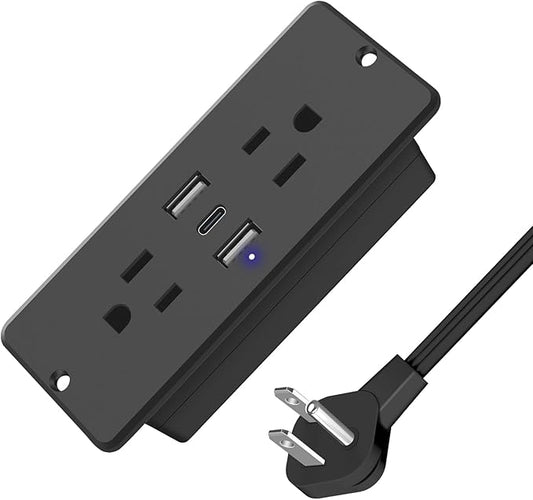 HHSOET 20W Fast Charging Power Strip with USB-C, 2 AC Plugs, 2 USB Ports, 10ft Power Cord, Black