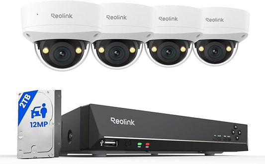 Reolink 12MP 8CH PoE Security Camera System with IK10 Vandalproof, 4pcs Dome PoE Cams Outdoor, Spotlights Color Night Vision, Built-in 2TB HDD, Smart AI Detection, Two-Way Talk, RLK8-1200V4