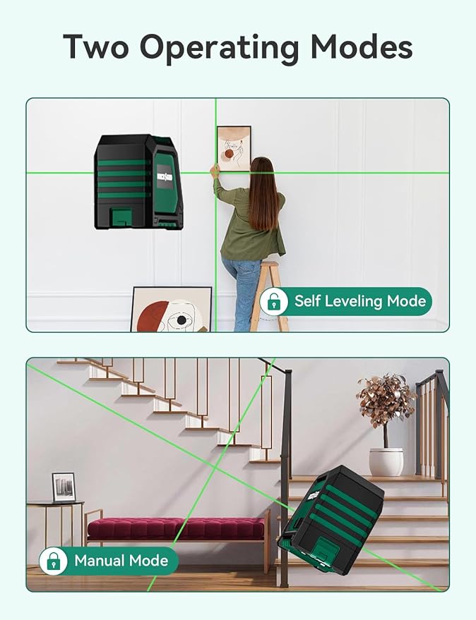 RockSeed Dual Modules Line Laser, Self Leveling Laser Level, Horizontal and 150° Vertical Green Beam, 2 AA Batteries, Carrying Bag, for Home Decoration/DIY/Construction Site
