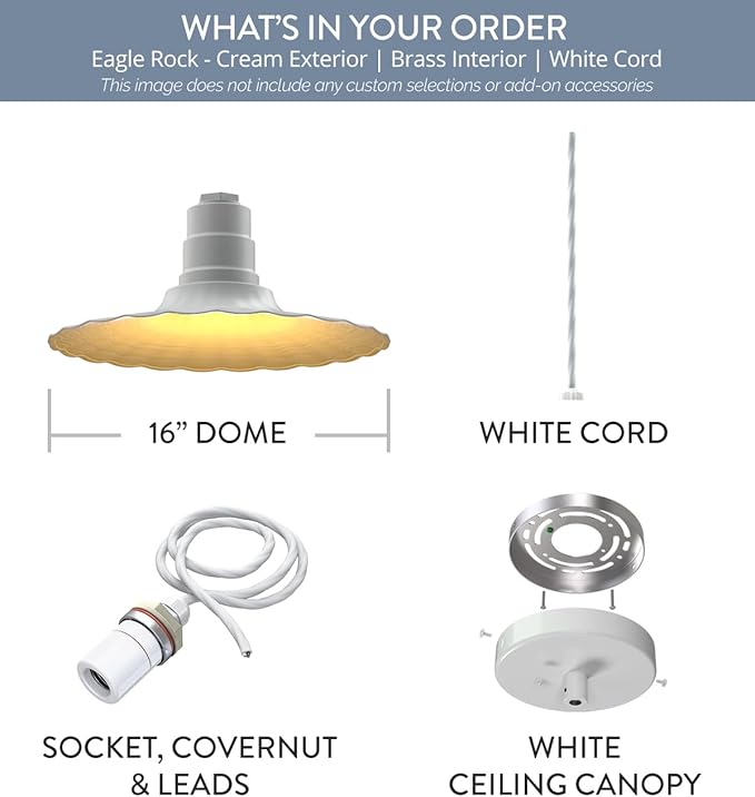 Steel Lighting Co. Eagle Rock Pendant | Ceiling Mounted Light | 16 inch Radial Wave | 4' White Cord | Heavy Duty Steel Retro Farmhouse Style Made in America | Cream Exterior/Brass Interior