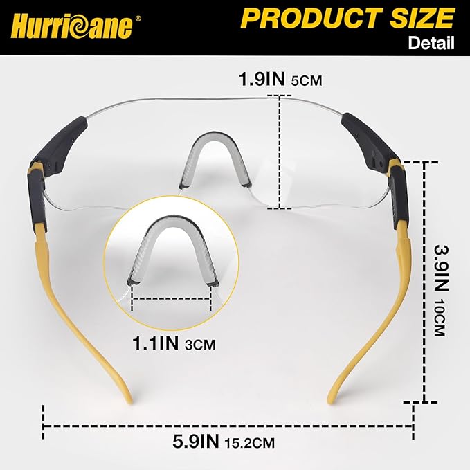 HURRICANE UV400 Safety Glasses, Clear Lens, Lightweight Protective Goggles with Anti-Fog & Anti-Scratch Coating, Adjustable Nylon Frame & Flexible Temples for Work, Lab, Construction, Workshop & More
