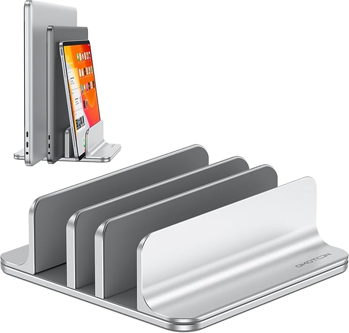 OMOTON 3-Slot Vertical Laptop Stand, Desktop Aluminum Stand for MacBook with Adjustable Dock Size, Fits All MacBook, Surface, Chromebook and Gaming Laptops (Up to 17.3 inches), Bright Silver