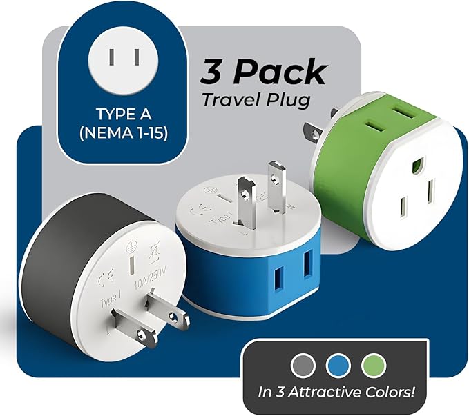 OREI Japan, Philippines Power Plug Adapter with 2 USA Inputs - Travel 3 Pack - Type A (US-6) Safe Use with Cell Phones, Laptop, Camera Chargers, CPAP, and More
